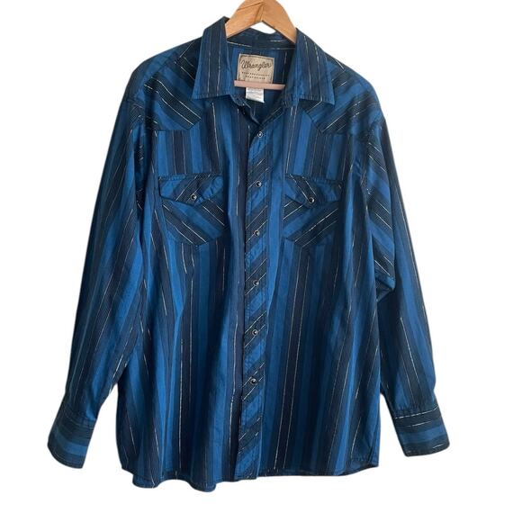 Wrangler Mens Shirt 2X Blue Stripe Metallic Pearl Snap Western Rodeo Cowboy - Picture 1 of 12